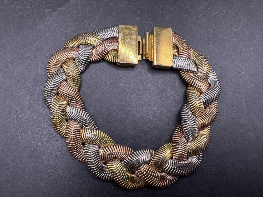 Vintage MONET Triple Tone Mixed Metals Herringbone Braided Bracelet Sz 7.5